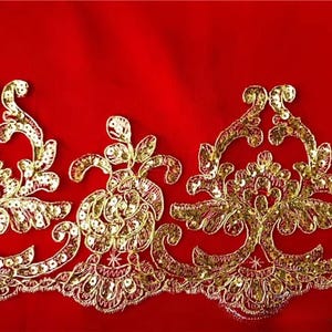 Cordão de malha dourada vermelha com acabamento em Alençon, renda de noiva com lantejoulas para véus, vestidos, traje de apresentação, por 1 jarda