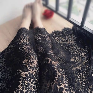 Vintage Paisley Lace Fabric, Black Eyelash Lace, Double Scalloped Edges Lace Fabric for Wedding Gowns, Bridal Dress, Costume Designs, 1 Yard