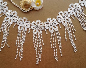 Fringed Lace Trim - Venice Lace Trim Off White Flower Trim For Bridal, Corsets, Belly Dance, Altered Couture, by 2 yards
