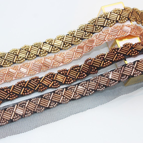 Multi Colors Beaded Ribbon Trim, 15mm Wide Ribbon in Peach  display picture 3