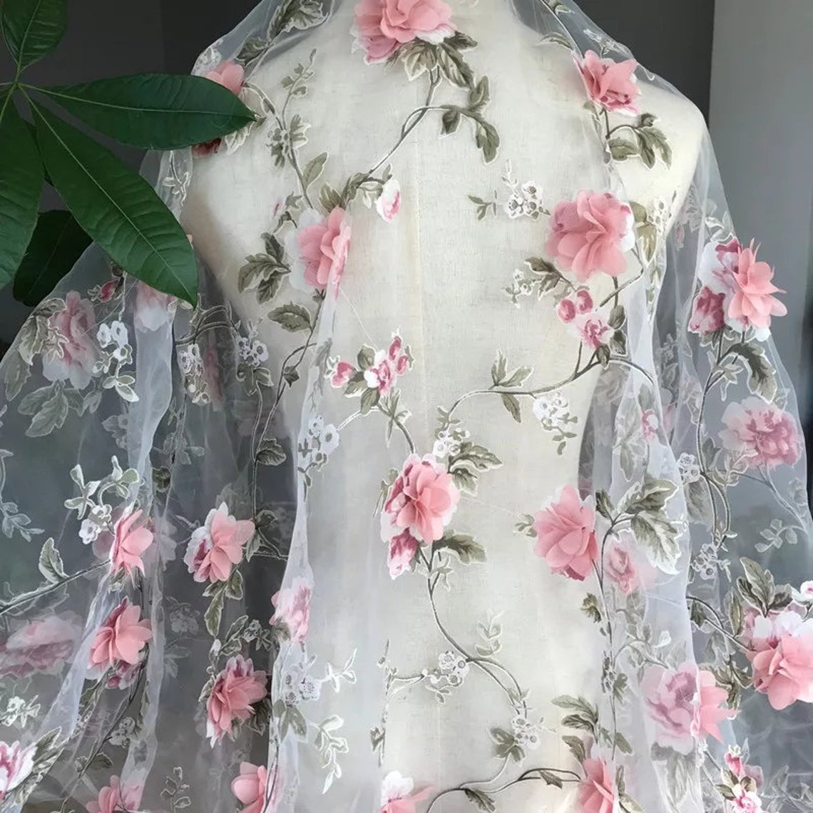 3D Floral lace fabric organza lace fabric with 3D rosette Etsy