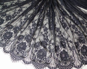 Black Chantilly Lace fabric, French Eyelash lace fabric, Both Scalloped Edging for Shawls, Mantilla, Victorian Gowns, Lingerie, By 1 yard