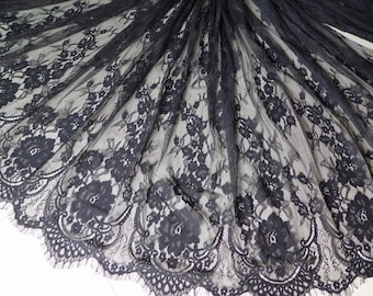 Black Chantilly Lace fabric, French Eyelash lace fabric, Both Scalloped Edging for Shawls, Mantilla, Victorian Gowns, Lingerie, By 1 yard