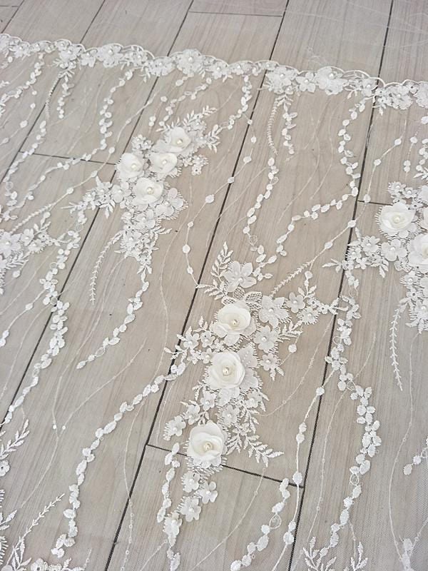 3D Bridal Lace Fabric, Beaded Lace Fabric, 3D Rose Lace, Rosette