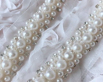 Ivory Pearls Beaded Trim with Rhinestones for Wedding belt, Bridal headband, Gown straps, bridesmaids sash,  4.5 cm width, By 1 Yard