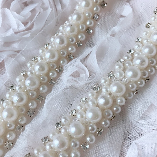 Ivory Pearls Beaded Trim with Rhinestones for Wedding belt, Bridal headband, Gown straps, bridesmaids sash,  4.5 cm width, By 1 Yard