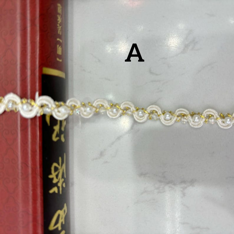 Delicate Acrylic Beads + Faux Pearls trim, Gold thread Bridal Trim, Pearl Beading Trim, 9 mm width, By 1 yard A