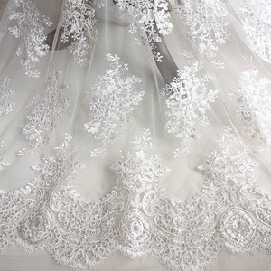 Sequins Beaded Fabric in Ivory , Embroidery Alencon Corded Lace Fabric, Delicate Eyelash lace for Bridals, Veils, Wedding Gowns, Bodices