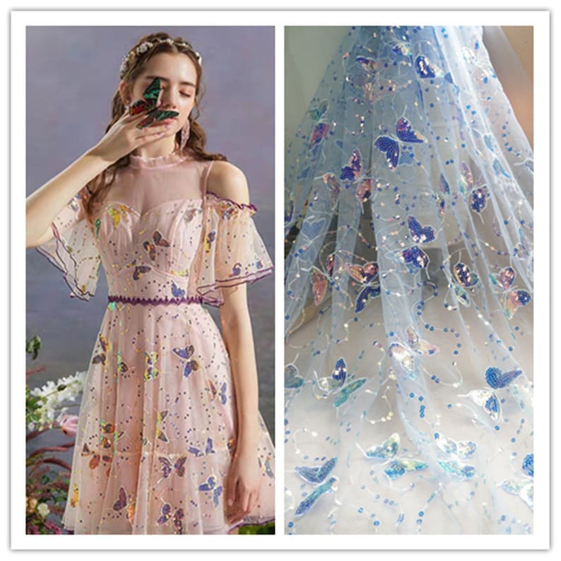 May include: A sheer, light blue fabric with iridescent butterfly sequins. The fabric is perfect for crafting, sewing, and creating unique garments.