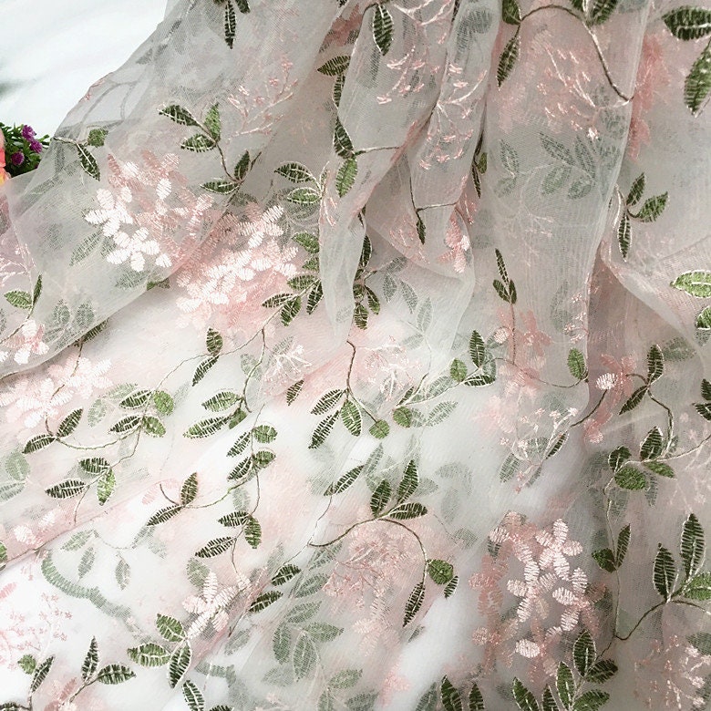 Pink and Gray Floral Embroidered Tulle Fabric, Leaf Pattern Lace