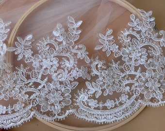 Off white Alencon lace trim, Scalloped lace fabric trim for wedding veil, dresses, bridal accessories, By 1 yard