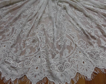 Chantilly Lace Fabric in Off white, Soft Cotton Floral Fabric with Scalloped edge for Bridal, Shawl, Lace top, Dresses, 1.5 meters