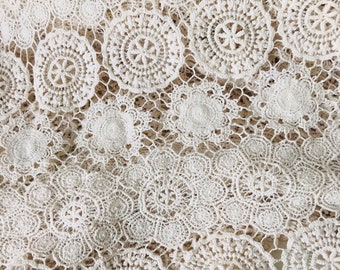 Vintage style cotton fabric, circle flower trim fabric, beige crochet lace fabric, women dress and window curtains fabric