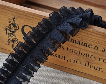 Pleated Lace Trim Black Ruffle Chiffon Lace Trim For Kawaii Costume,Doll Dress, Lolita Dress Accessories, by 2 Yards
