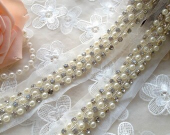 Beaded Trim 36" Ivory Pearl and Rhinestone on Mesh 1.37" width for Weddings, Bridal Sashes, Jewelry Supply, by 1 yard