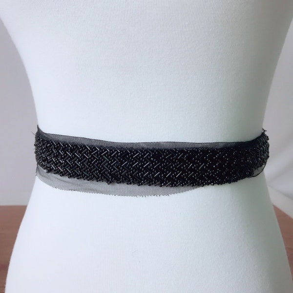 Black Beaded Trim for bridesmaid gown sash belt headbands bridal accessories, 1.6" (4 cm) width, By 1 Yard