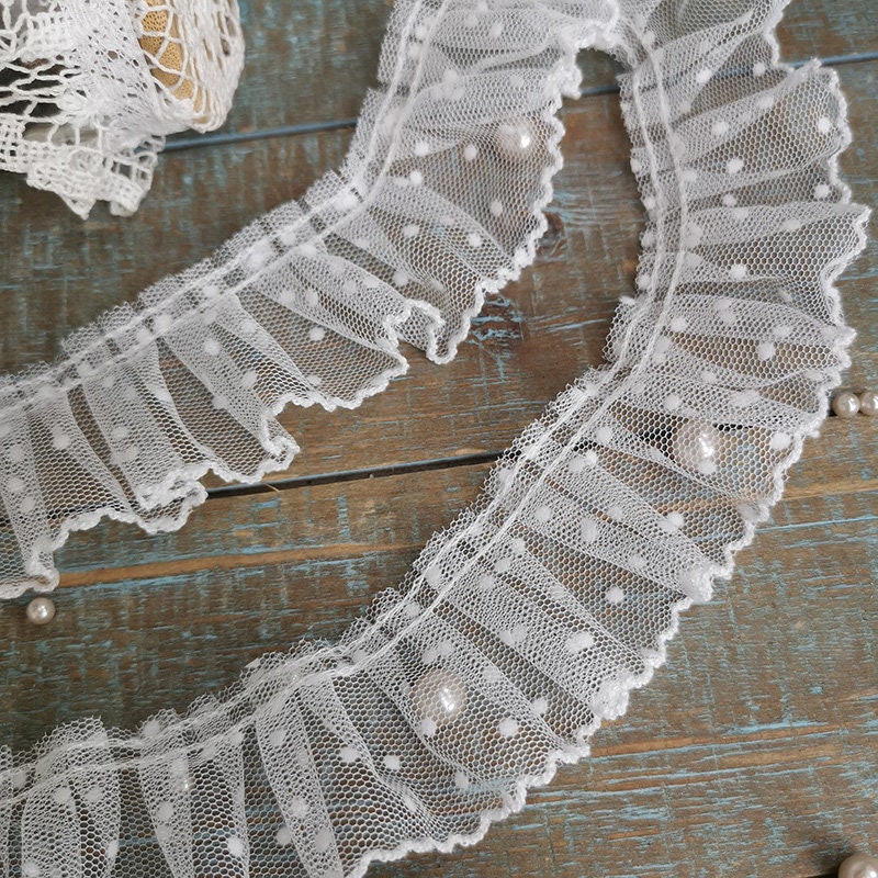 URROMA 5 Yards White Mesh Ruffle Polka Dot Lace Trim - 4cm Wide For DIY, Sewing & Wedding Decor