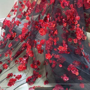 Red Floral Sequins Black lace fabric, Paillette sequin fabric For Stage gown, Evening Dress, Prom, Formal Dress, by 1 yard