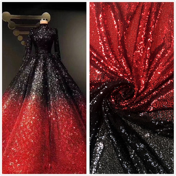 Tissu dentelle ombré de paillettes rouges et noires, tissu à paillettes, tissu de dentelle à paillettes dégradé pour robe de soirée, bal de promo, robe de bal, par 1 yard