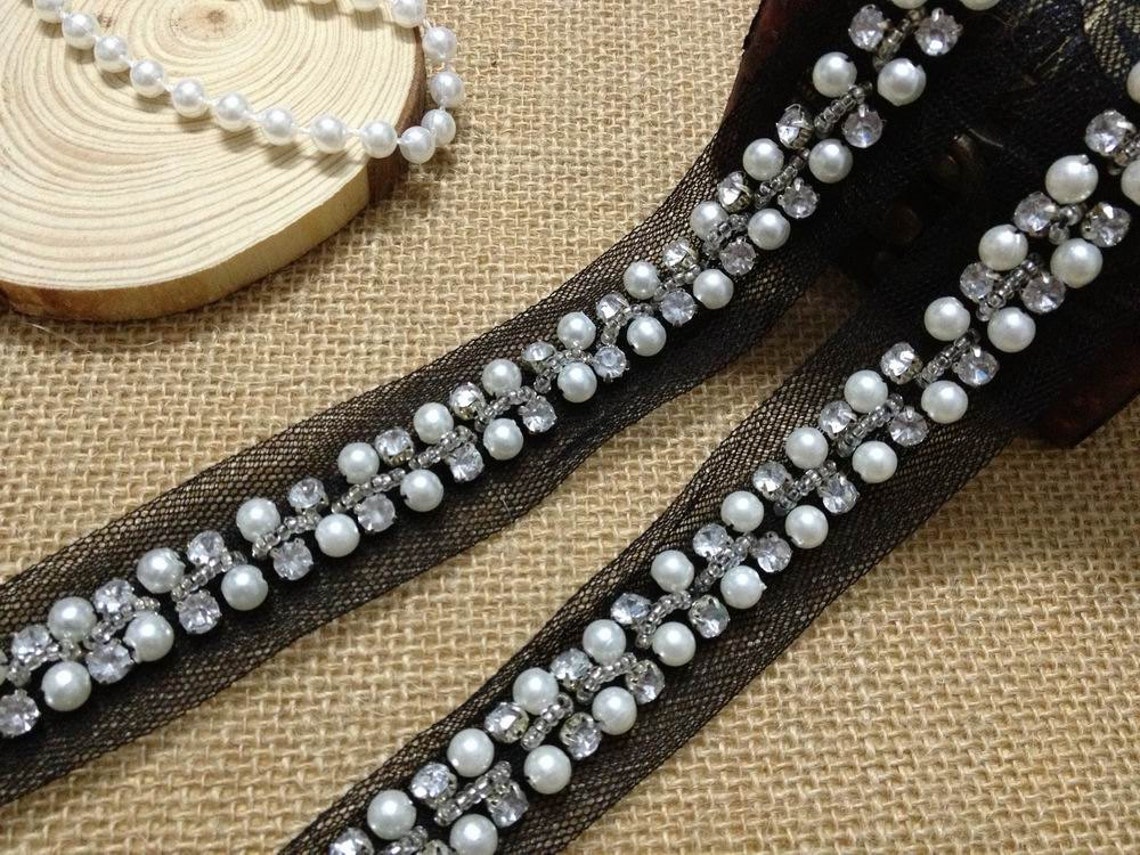 Ivory Beaded Lace Trim Crystal Rhinestone Beaded Lace Chain Etsy