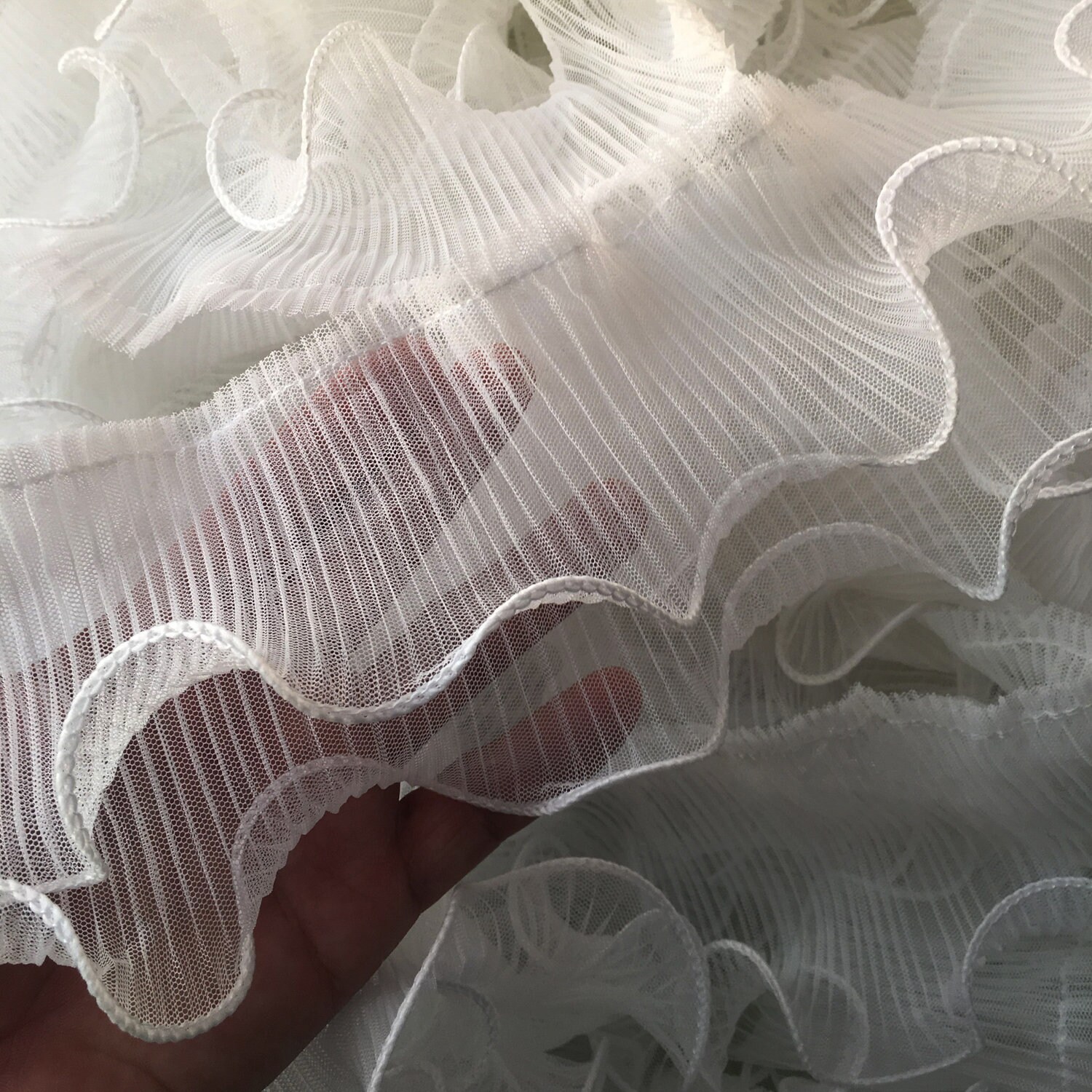 2 Layers Sheer Airy Ruffled Chiffon Lace Trim, Pleated Chiffon