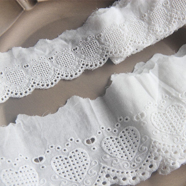 Embroidery Cotton Scallop Heart lace trim, Embroidery Eyelets Cotton in Off white for Baby Shower, Sewing Crafts, DIY sewing