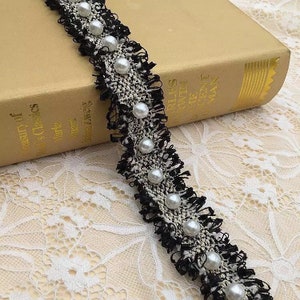 Chic Webbing Pärlor Pärlspetskant, Kungligt blå pärlspets, Krämfärgad bröllopsskärp Bälte, Millinery kant, Heminredningskant, 1 kubikmeter Black