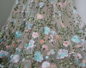 Multi-colors Petals Embroidery Overlay Bridal tulle lace fabric in Light apricot for Garden party Dress, Wedding Gown, Prom, 1 yard