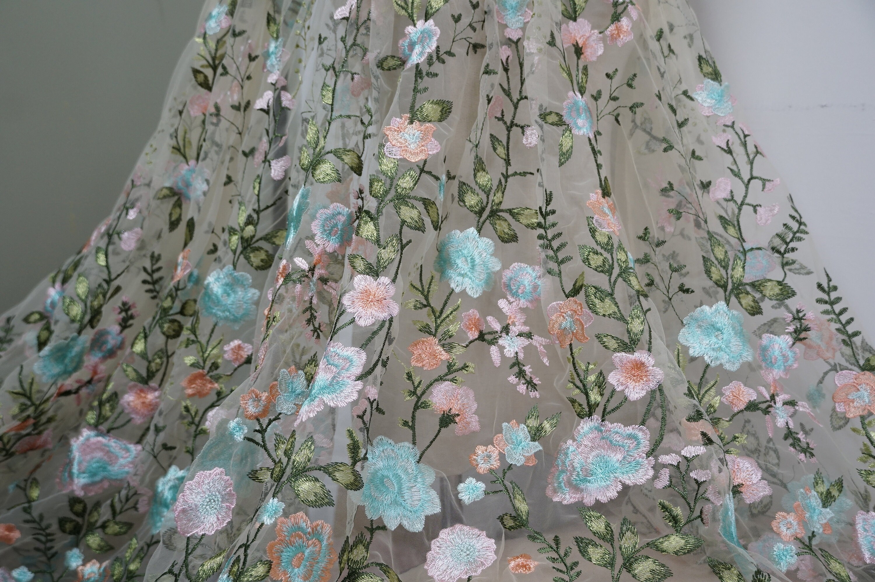 Multi-colors Petals Embroidery Overlay Bridal tulle lace fabric in Light apricot for Garden party Dress, Wedding Gown, Prom, 1 yard