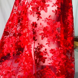 Red lace fabric, red floral scalloped lace fabric, wedding lace, bridal dress fabric, by 1 yard