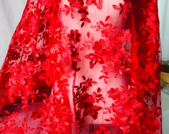 Red lace fabric, red floral scalloped lace fabric, wedding lace, bridal dress fabric, by 1 yard