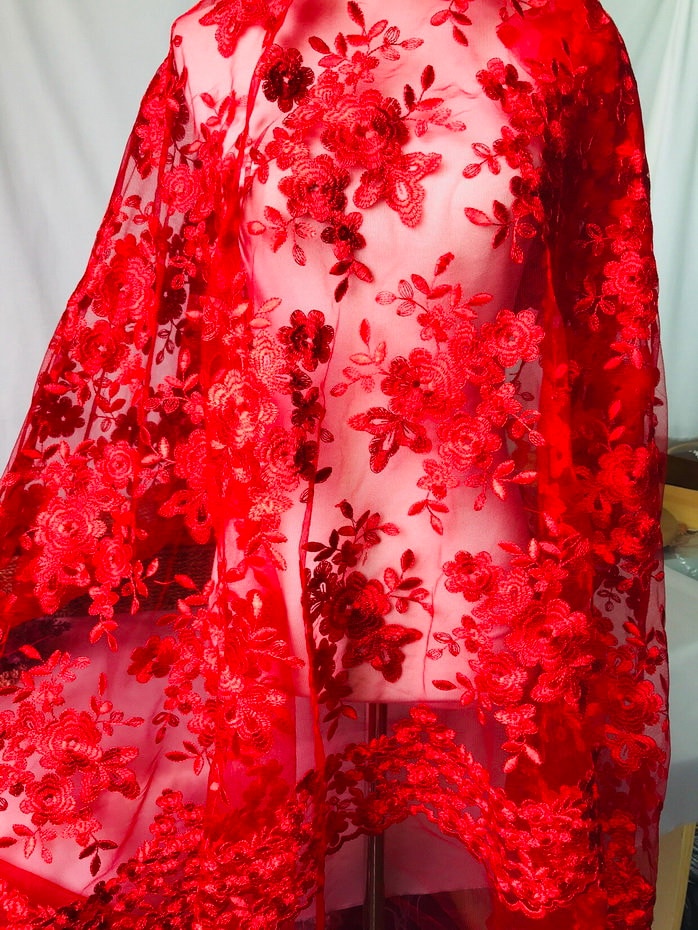 red embroidered lace dress Fancy Red Lace Ivory Satin V-neck Wedding Dress Red main image 0