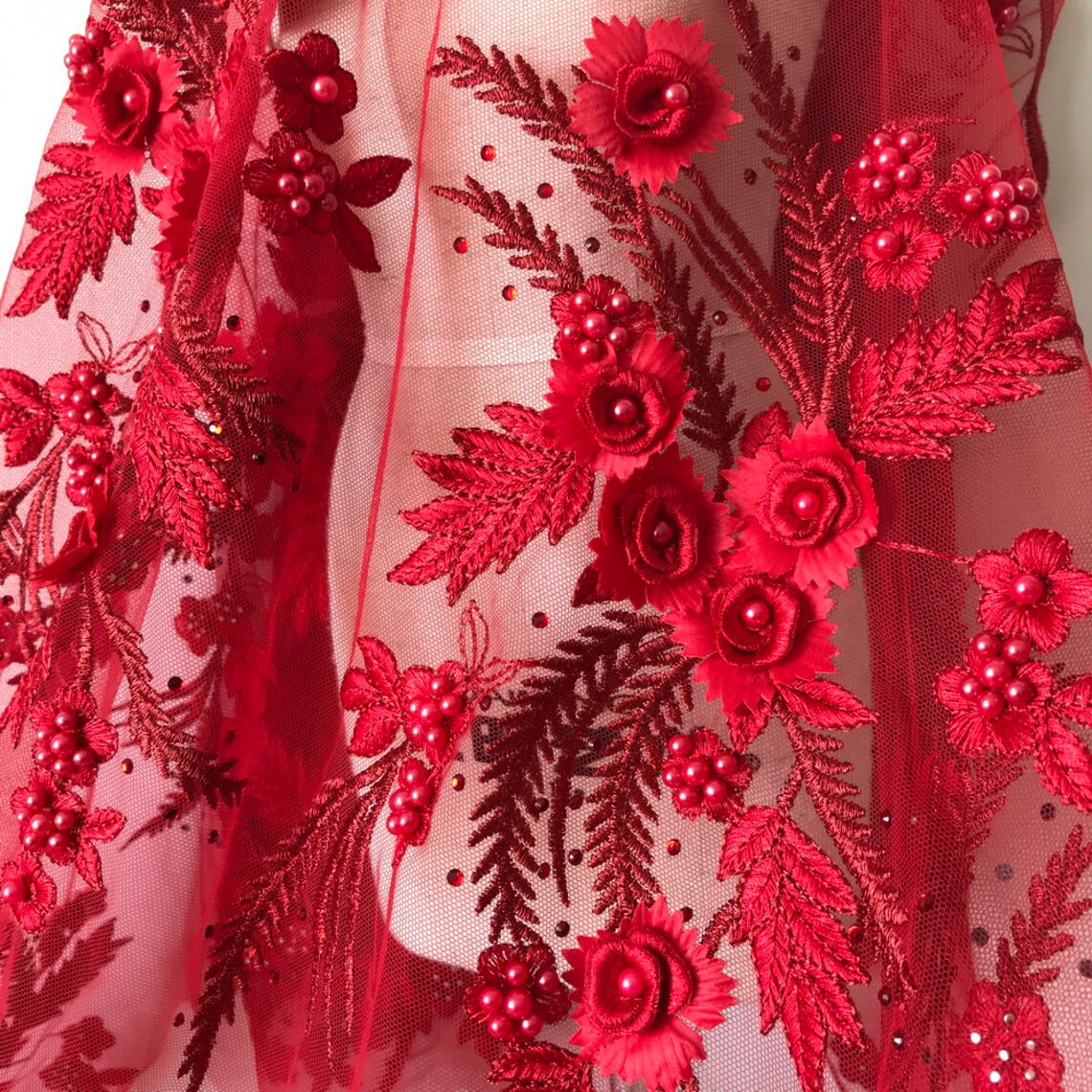 Red 3D Flower Lace Appliques Pearls Beaded Applique Fabric - Etsy