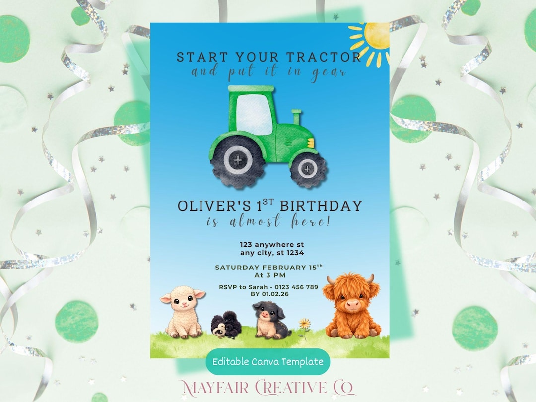 Editable Green Tractor Birthday Invitation | Farm Animals | Editable ...