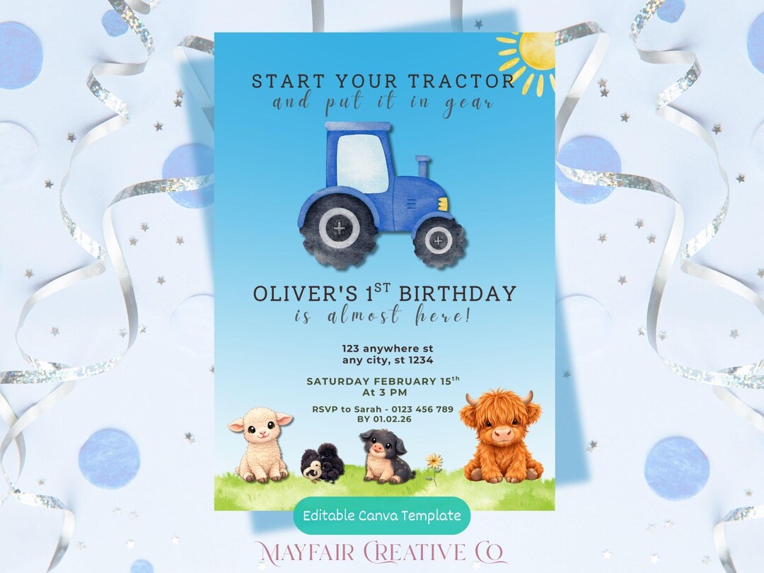 Editable Blue Tractor Birthday Invitation | Farm Animals | Editable ...