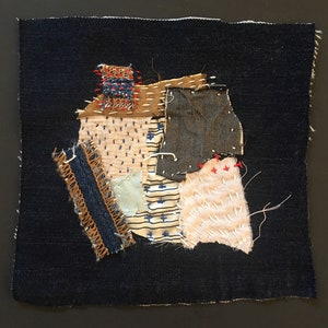 Boro / sashiko inspired denim patch with vintage silks and threads