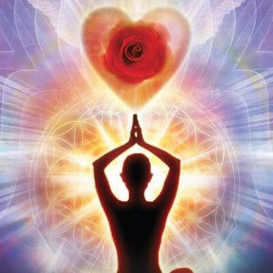 Puede incluir: Ilustración de una persona en postura de yoga con los brazos levantados, silueta contra un fondo radiante. Un corazón con una rosa roja encima. El texto "5. CULTIVATING EASE AND GRACE" está en la parte inferior, con un diseño colorido.