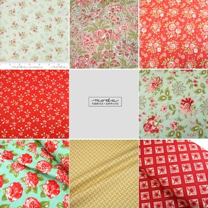 May include: A collage of nine fabric swatches featuring various floral patterns in red, green and white. The fabrics are arranged in a grid pattern with the word "moda" in the centre.