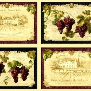 May include: Four vintage-style labels with images of vineyards and castles. The labels feature the text "Château Royal de Chambord", "Château Royal", and "Crassague-Montrachet-Chos Saint-Jean".