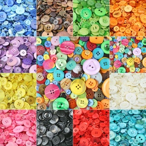 May include: Assortment of colourful buttons in various shapes and sizes. The buttons are made of plastic, metal and wood. They are arranged in a grid pattern.
