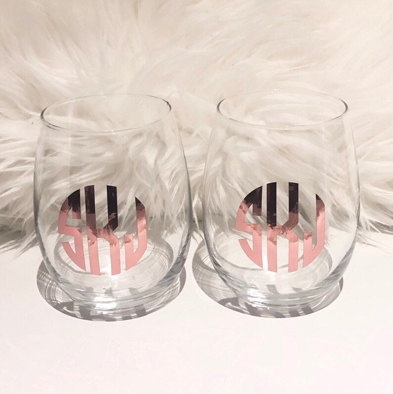 Monogram Stemless Wine Glass Monogram Wine Glass Custom Etsy