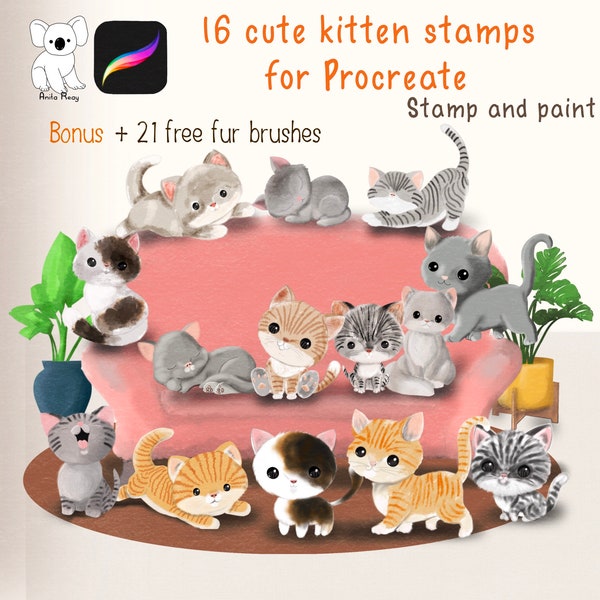 Procreate stamps - 16 cute cat stamps for use on IPad  - + bonus 21 fur brushes - cats kittens animals brushes - stamp and colour