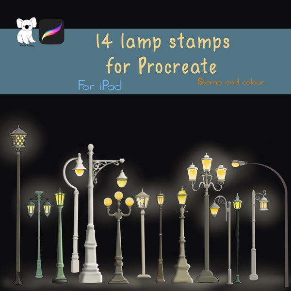 Procreate stamps - 14 lamp post stamps for use on IPad - invitations , print greeting cards, lamps, lanterns, street lights