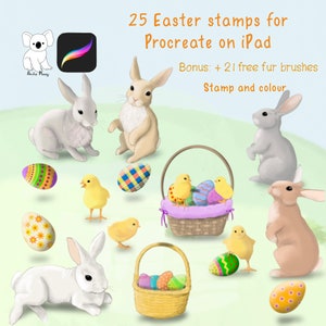 Procreate Stempel - 20 Osterstempel zur Verwendung auf IPad - Einladungen, einladen, Grußkarten drucken, Hase, Ei Küken Tiere