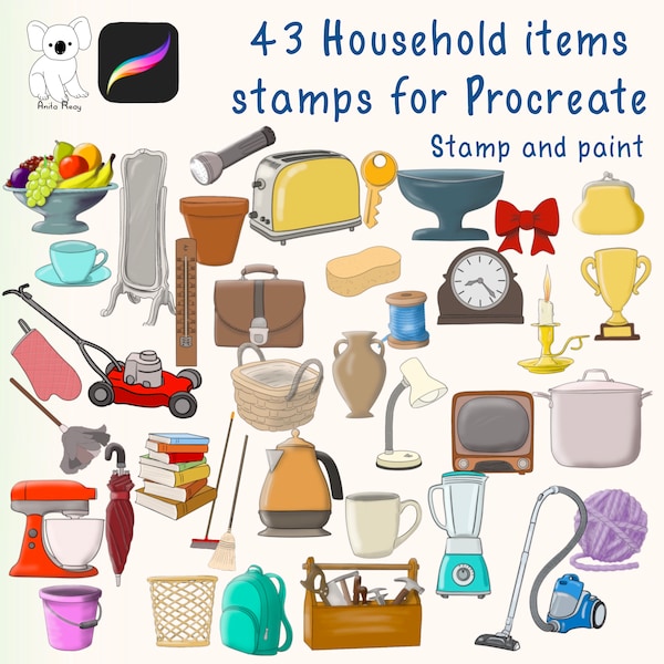 Procreate stamps - 39 household items stamps for use on IPad  - invitations , invite , print greeting cards, elements