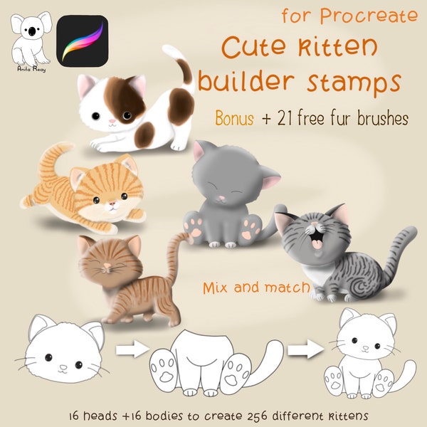 Procreate stamps - mix and match, 16 cute cat heads and bodies stamps for use on IPad  - + 21 bonus fur brushes - kittens - stamp and colour