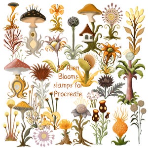 Può includere: Illustrazione digitale di vari fiori e funghi alieni nelle tonalità dell'arancione, marrone, giallo e grigio. L'immagine include il testo "30 Alien Blooms stamps for Procreate". Le illustrazioni sono fantasiose e dettagliate.