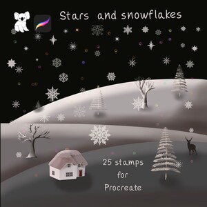 May include: A set of 25 digital stamps for Procreate featuring snowflakes, stars, trees, a house, and a deer. The stamps are in black and white and have a wintery theme.