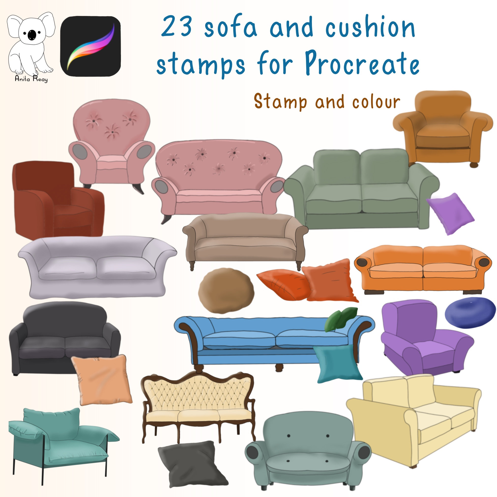 Procreate Stamps 23 Sofa Chair and Cushion Stamps for Use on Etsy