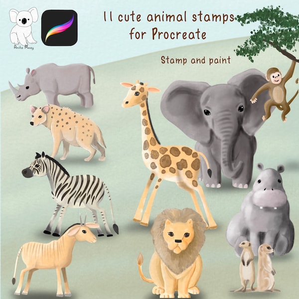 Procreate stamps - 11 African animals stamps for use on IPad - invitations , invite , print greeting cards,  animal brushes